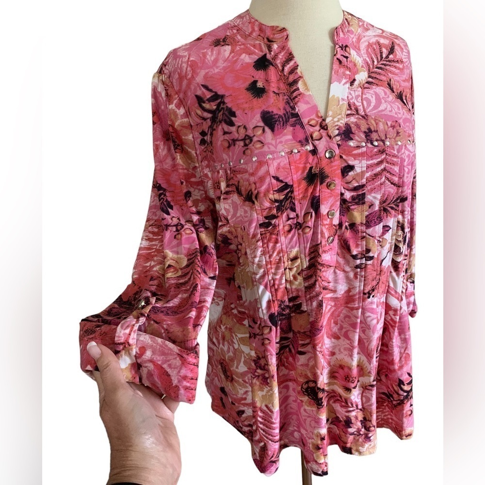 COCOMO 1X Pink Floral Plus Size 3/4 sleeve women’s Pintuck Blouse top sh… - Picture 6 of 12